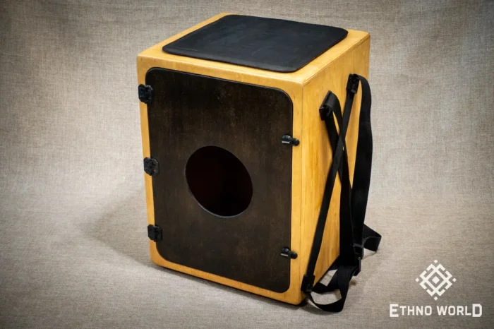 Versatile cajon with backpack carrying system, openable back panel, bass and snare control – handmade at Ethno World workshop