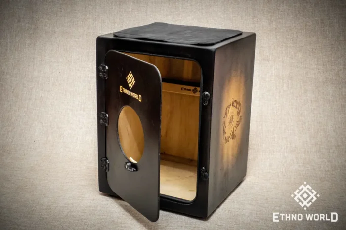 Versatile cajon with backpack carrying system, openable back panel, bass and snare control – handmade at Ethno World workshop
