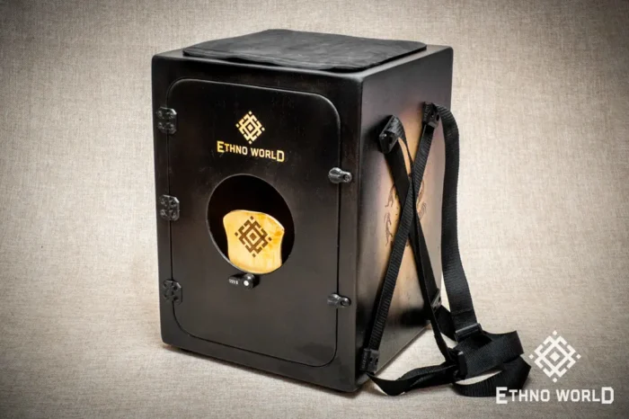 Versatile cajon with backpack carrying system, openable back panel, bass and snare control – handmade at Ethno World workshop
