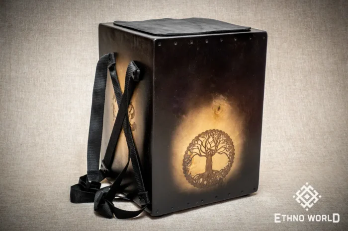 Versatile cajon with backpack carrying system, openable back panel, bass and snare control – handmade at Ethno World workshop
