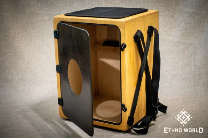 Versatile cajon with backpack carrying system, openable back panel, bass and snare control – handmade at Ethno World workshop