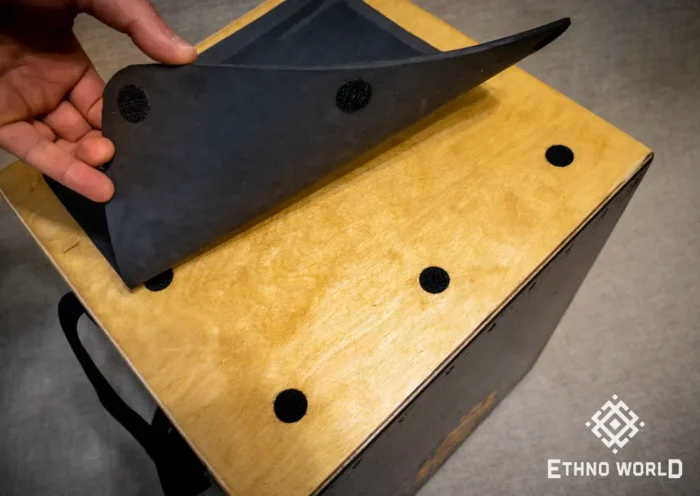 Versatile cajon with backpack carrying system, openable back panel, bass and snare control – handmade at Ethno World workshop