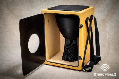 Versatile cajon with backpack carrying system, openable back panel, bass and snare control – handmade at Ethno World workshop
