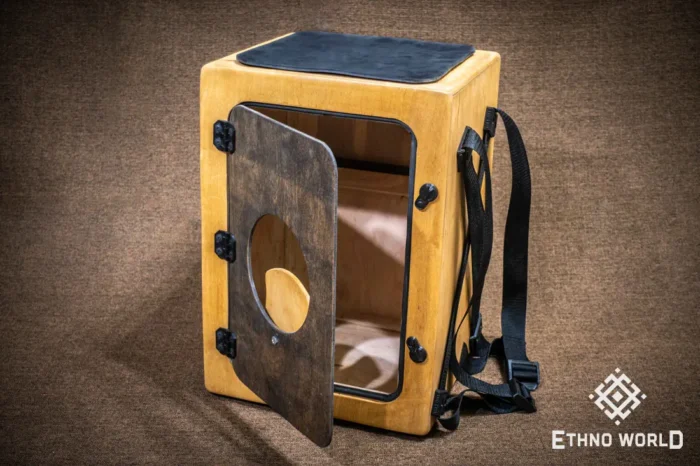 Versatile cajon with backpack carrying system, openable back panel, bass and snare control – handmade at Ethno World workshop