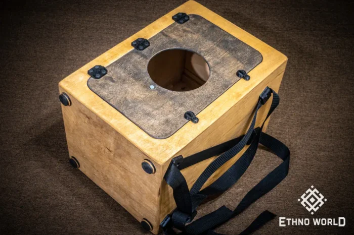 Versatile cajon with backpack carrying system, openable back panel, bass and snare control – handmade at Ethno World workshop