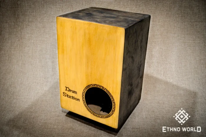 Handmade wooden double-sided cajon drum, spring-loaded with a front port, handcrafted by Ethno World