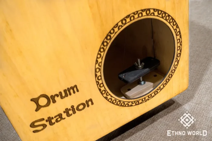 Handmade wooden double-sided cajon drum, spring-loaded with a front port, handcrafted by Ethno World