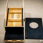 Foldable percussion drum with snare adjustment and castanet in a wooden body, handmade, view from all sides (disassembled and assembled cajon)
