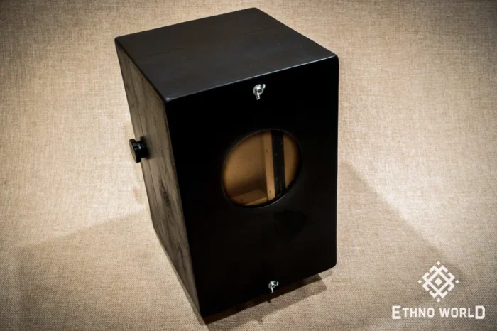 Foldable percussion drum with snare adjustment and castanet in a wooden body, handmade, view from all sides (disassembled and assembled cajon)