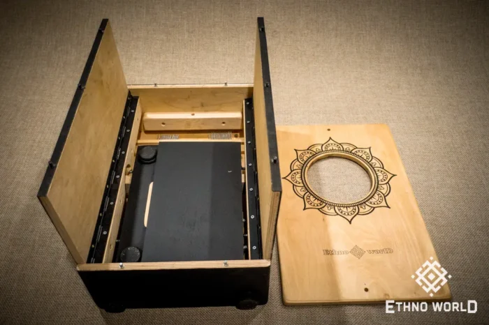 Foldable percussion drum with snare adjustment and castanet in a wooden body, handmade, view from all sides (disassembled and assembled cajon)