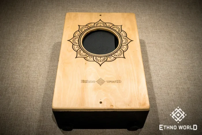 Foldable percussion drum with snare adjustment and castanet in a wooden body, handmade, view from all sides (disassembled and assembled cajon)