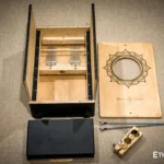 Foldable percussion drum with snare adjustment and castanet in a wooden body, handmade, view from all sides (disassembled and assembled cajon)