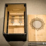 Foldable percussion drum with snare adjustment and castanet in a wooden body, handmade, view from all sides (disassembled and assembled cajon)