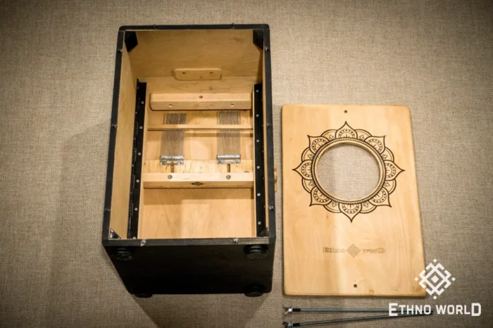 Foldable percussion drum with snare adjustment and castanet in a wooden body, handmade, view from all sides (disassembled and assembled cajon)