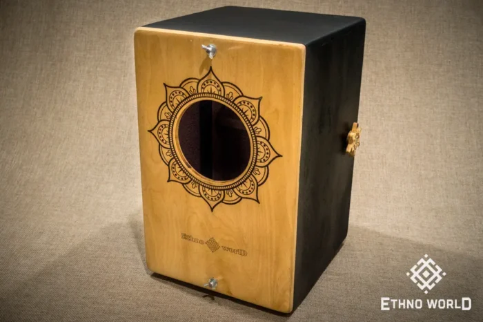 Foldable percussion drum with snare adjustment and castanet in a wooden body, handmade, view from all sides (disassembled and assembled cajon)