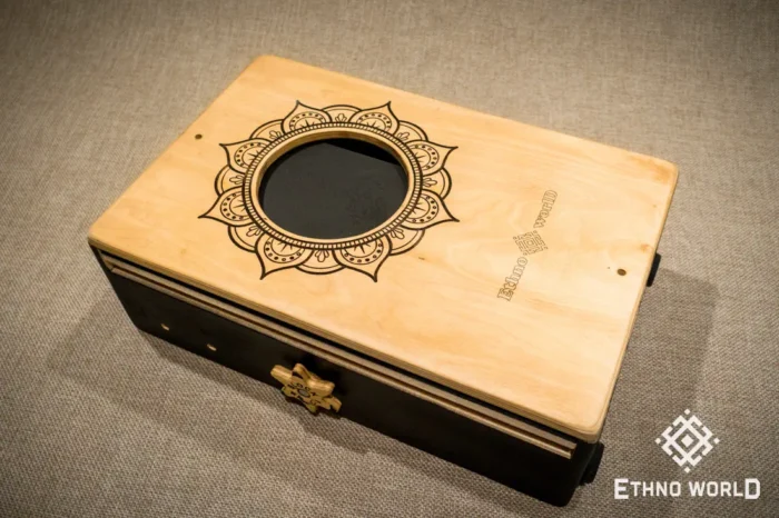Foldable percussion drum with snare adjustment and castanet in a wooden body, handmade, view from all sides (disassembled and assembled cajon)