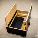 Foldable percussion drum with snare adjustment and castanet in a wooden body, handmade, view from all sides (disassembled and assembled cajon)