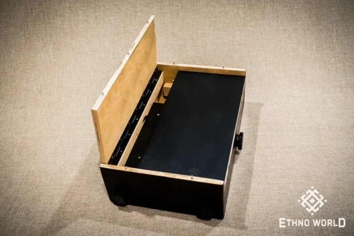 Foldable percussion drum with snare adjustment and castanet in a wooden body, handmade, view from all sides (disassembled and assembled cajon)