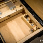 Foldable percussion drum with snare adjustment and castanet in a wooden body, handmade, view from all sides (disassembled and assembled cajon)