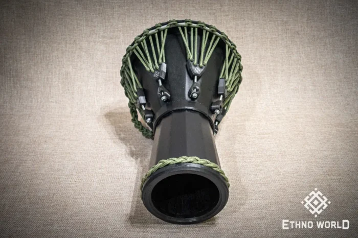Sun 12″ Djembe – a handmade ethnic percussion drum made of wood with key-tuned leather membrane tension.