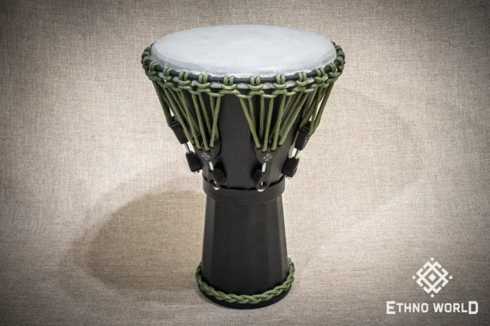 Sun 12″ Djembe – a handmade ethnic percussion drum made of wood with key-tuned leather membrane tension.