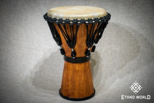 Sun 12″ Djembe – a handmade ethnic percussion drum made of wood with key-tuned leather membrane tension.