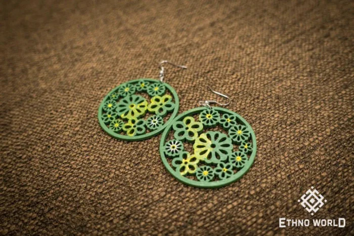 Handmade green carved round earrings, Ethno World