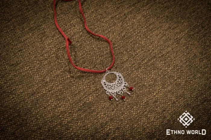Handmade silver pendant on red cord, Ethno World