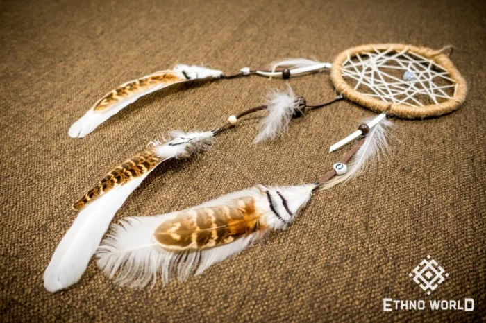 Medium ethnic dreamcatcher, woven dream web with feathers and beads, rustic home decoration, Ethno World