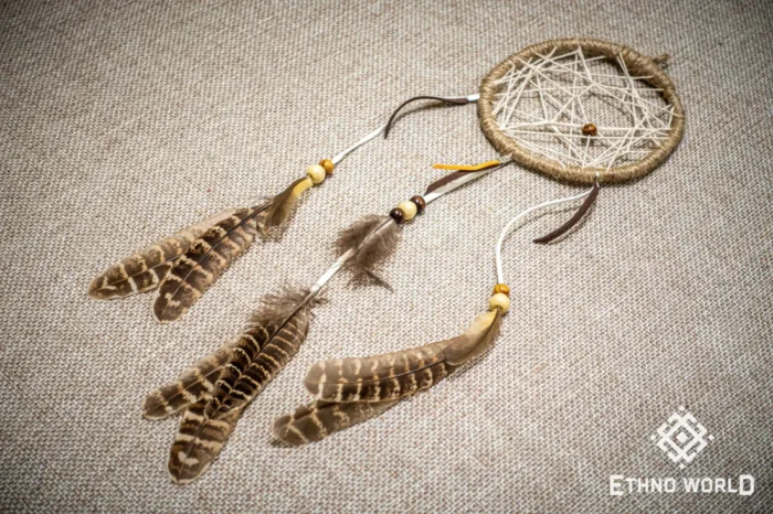 Small ethnic dreamcatcher, woven dream web with natural feathers and beads, rustic home decor, Ethno World