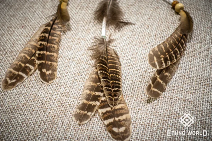 Small boho dreamcatcher, hand-woven hoop with feathers and wooden beads, handmade wall art, Ethno World
