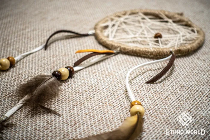 Small dreamcatcher with natural feathers, macrame weaving and wood bead accents, ethnic wall hanging, Ethno World