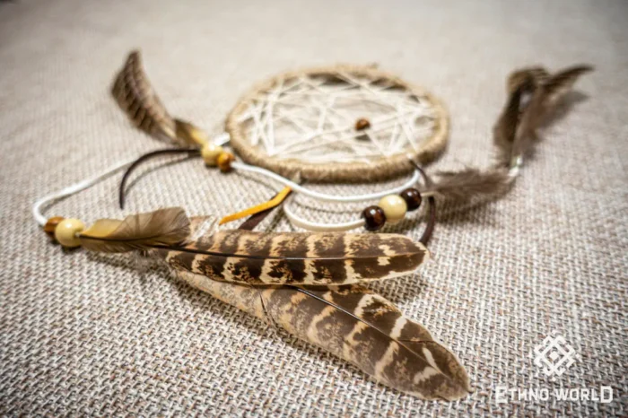 Small handmade dreamcatcher with feathers and wooden beads, hand-woven web, boho wall decor, Ethno World