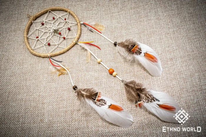 Small boho dreamcatcher, hand-woven hoop with feathers and wooden beads, handmade wall art, Ethno World