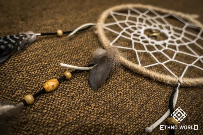 Large handwoven dreamcatcher with feather and bead details, tribal boho wall hanging, Ethno World