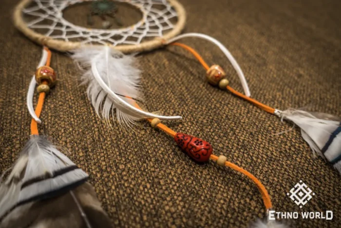 Large handwoven dreamcatcher with feather and bead details, tribal boho wall hanging, Ethno World