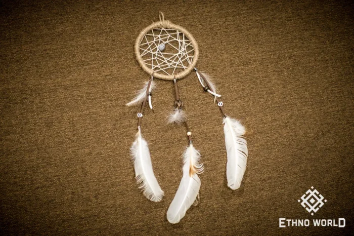 Small dreamcatcher with natural feathers, macrame weaving and wood bead accents, ethnic wall hanging, Ethno World