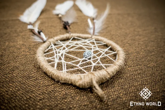 Small handmade dreamcatcher with feathers and wooden beads, hand-woven web, boho wall decor, Ethno World