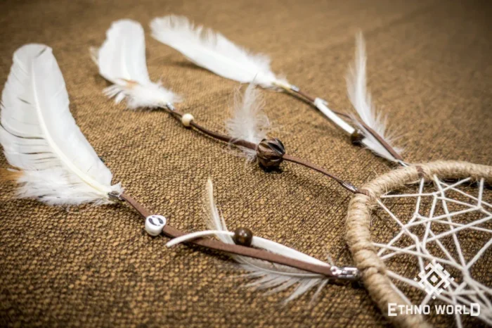 Small handwoven dreamcatcher with feather and bead details, tribal boho wall decoration, Ethno World