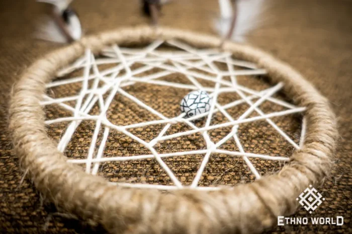 Small ethnic dreamcatcher, woven dream web with natural feathers and beads, rustic home decor, Ethno World