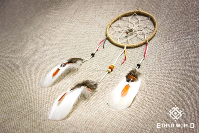 Small dreamcatcher with natural feathers, macrame weaving and wood bead accents, ethnic wall hanging, Ethno World