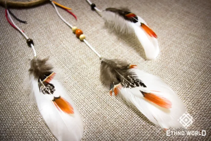 Small handmade dreamcatcher with feathers and wooden beads, hand-woven web, boho wall decor, Ethno World