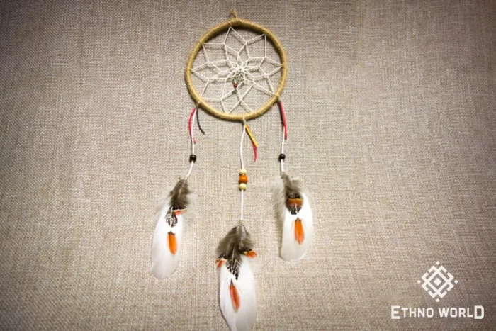 Small handwoven dreamcatcher with feather and bead details, tribal boho wall decoration, Ethno World