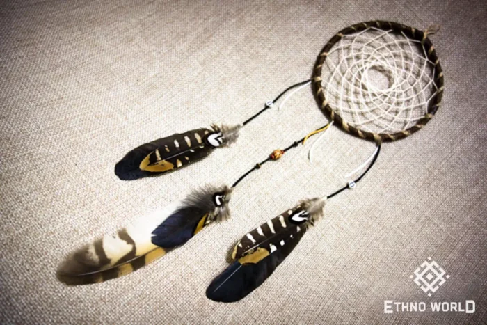 Medium handmade dreamcatcher with feathers and wooden beads, hand-woven web pattern, boho wall decor, Ethno World