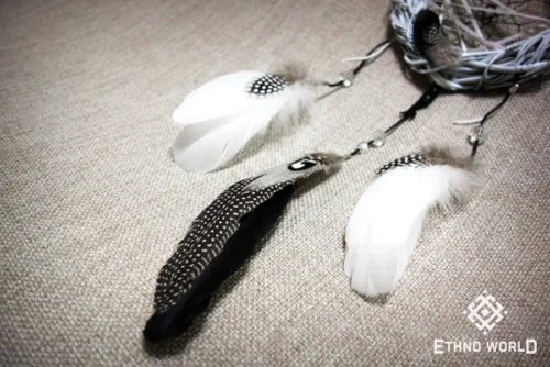 Small ethnic dreamcatcher, woven dream web with natural feathers and beads, rustic home decor, Ethno World