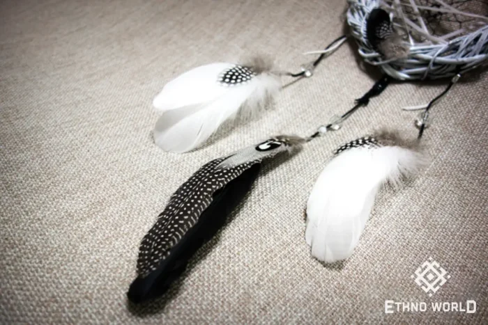 Small ethnic dreamcatcher, woven dream web with natural feathers and beads, rustic home decor, Ethno World