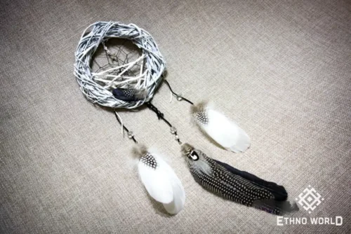Small dreamcatcher with natural feathers, macrame weaving and wood bead accents, ethnic wall hanging, Ethno World
