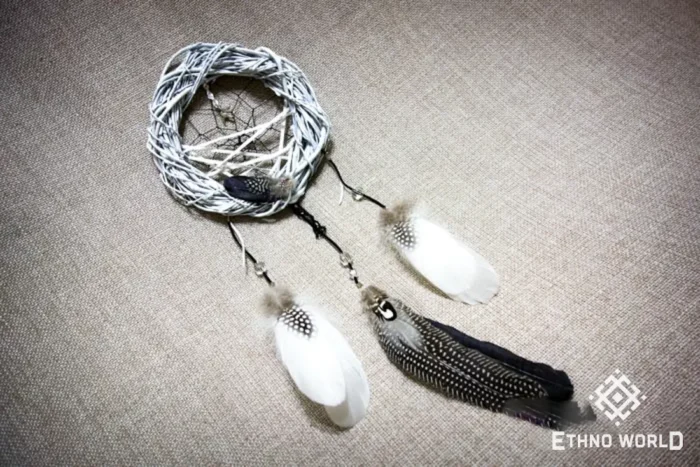 Small dreamcatcher with natural feathers, macrame weaving and wood bead accents, ethnic wall hanging, Ethno World