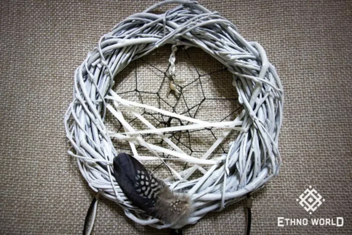 Small handmade dreamcatcher with feathers and wooden beads, hand-woven web, boho wall decor, Ethno World
