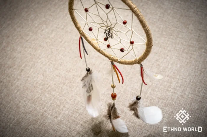 Medium handwoven dreamcatcher with feather and bead details, tribal boho wall hanging, Ethno World